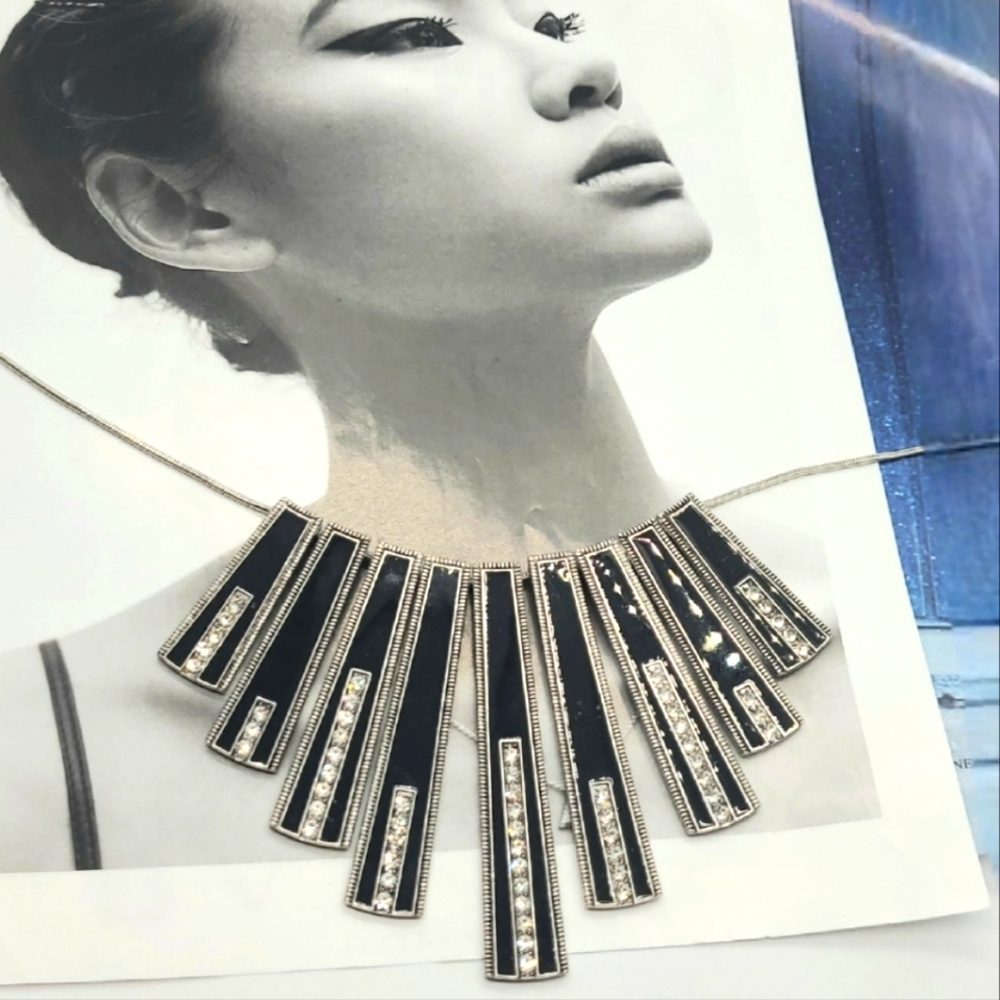 Art Deco Inspired Black Enamel & White Crystal Silver Statement Collar Necklace